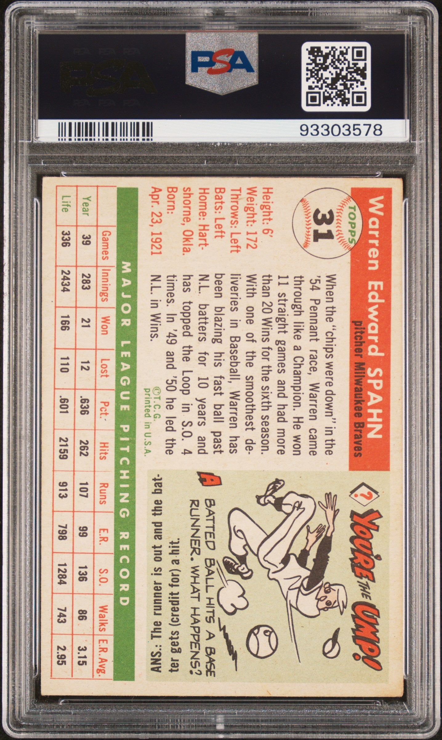1955 Topps Warren Spahn #31 PSA 4