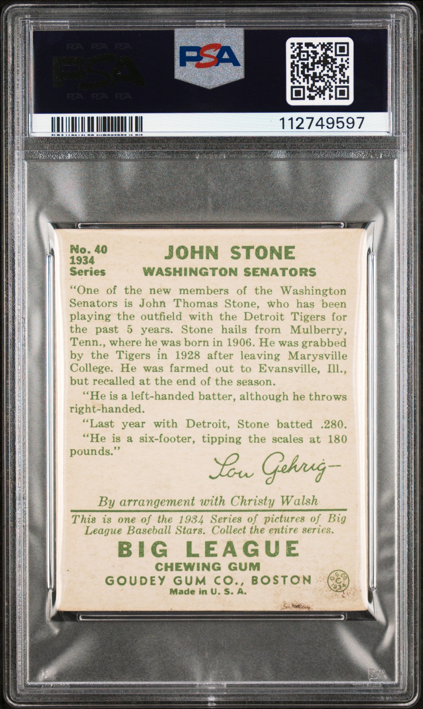 1934 Goudey John Stone #40 PSA 3