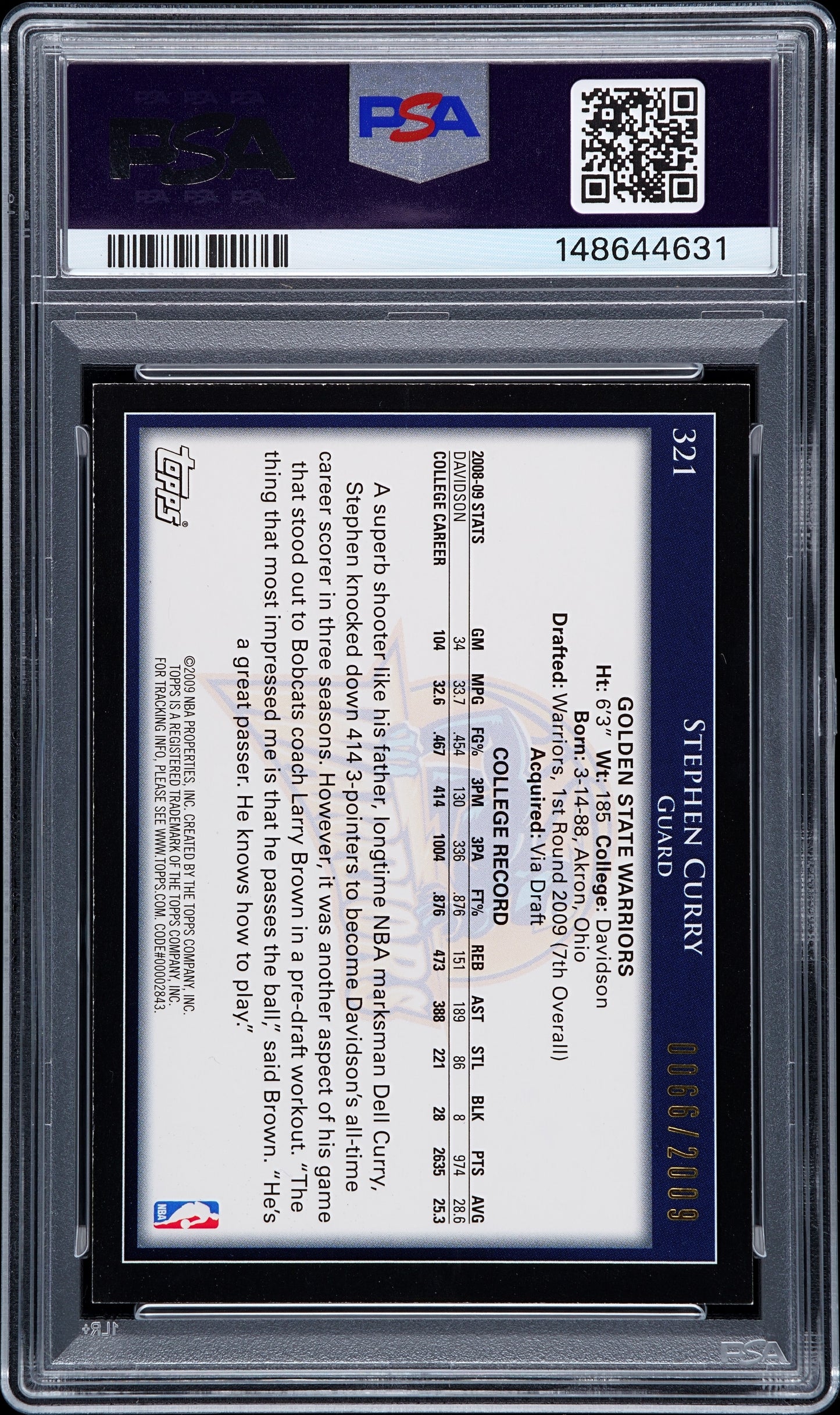 2009 Topps Stephen Curry #321 Gold PSA 7 Auto 10