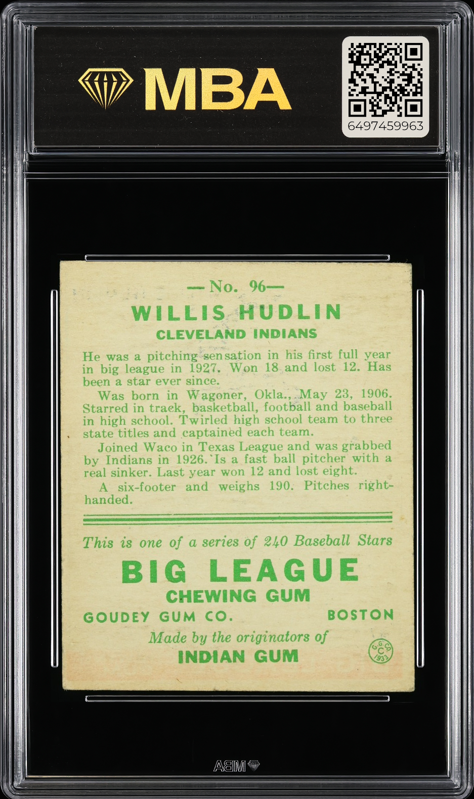 1933 Goudey Willis Hudlin #96 MBA 4