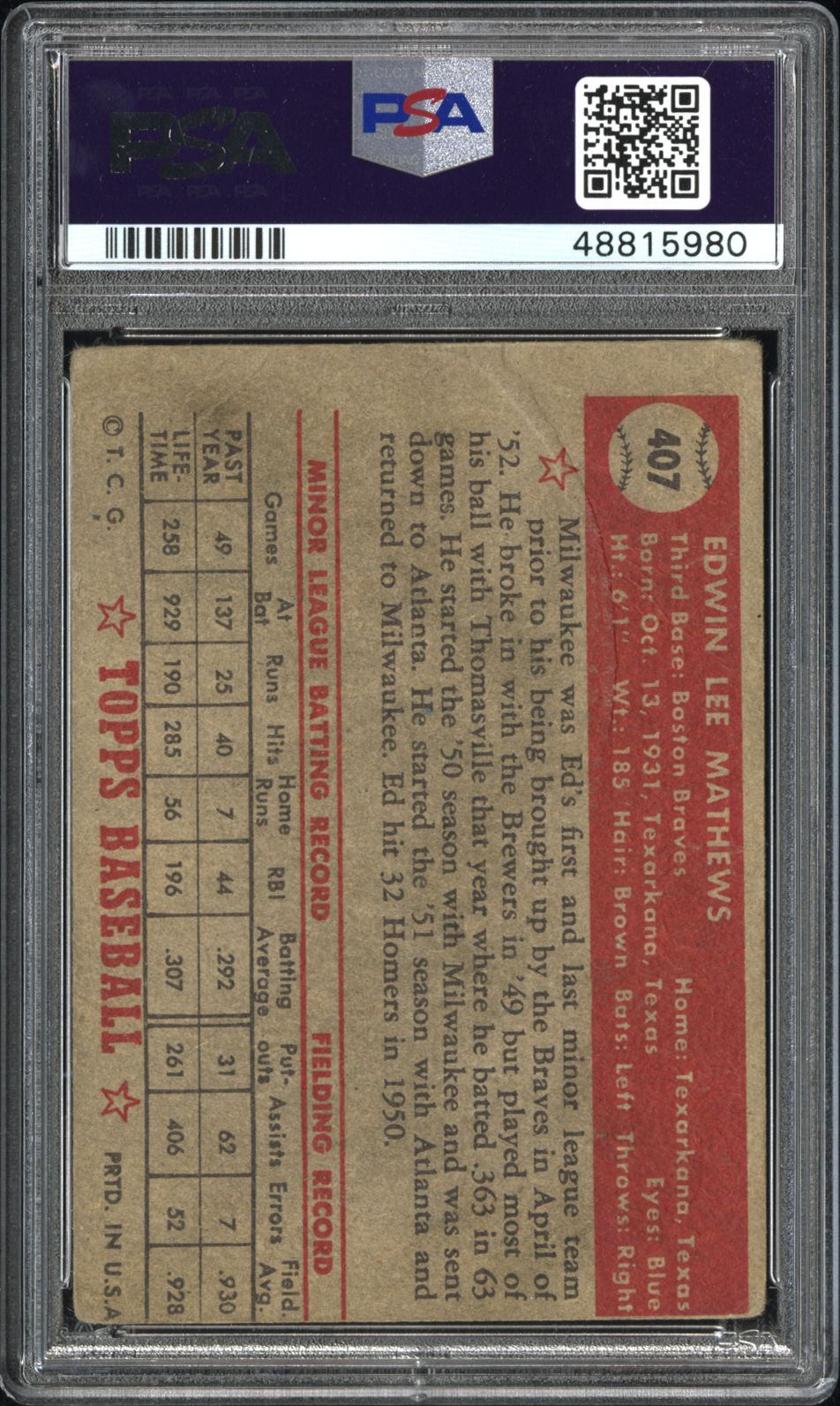 1952 Topps Ed Mathews #407 PSA 1