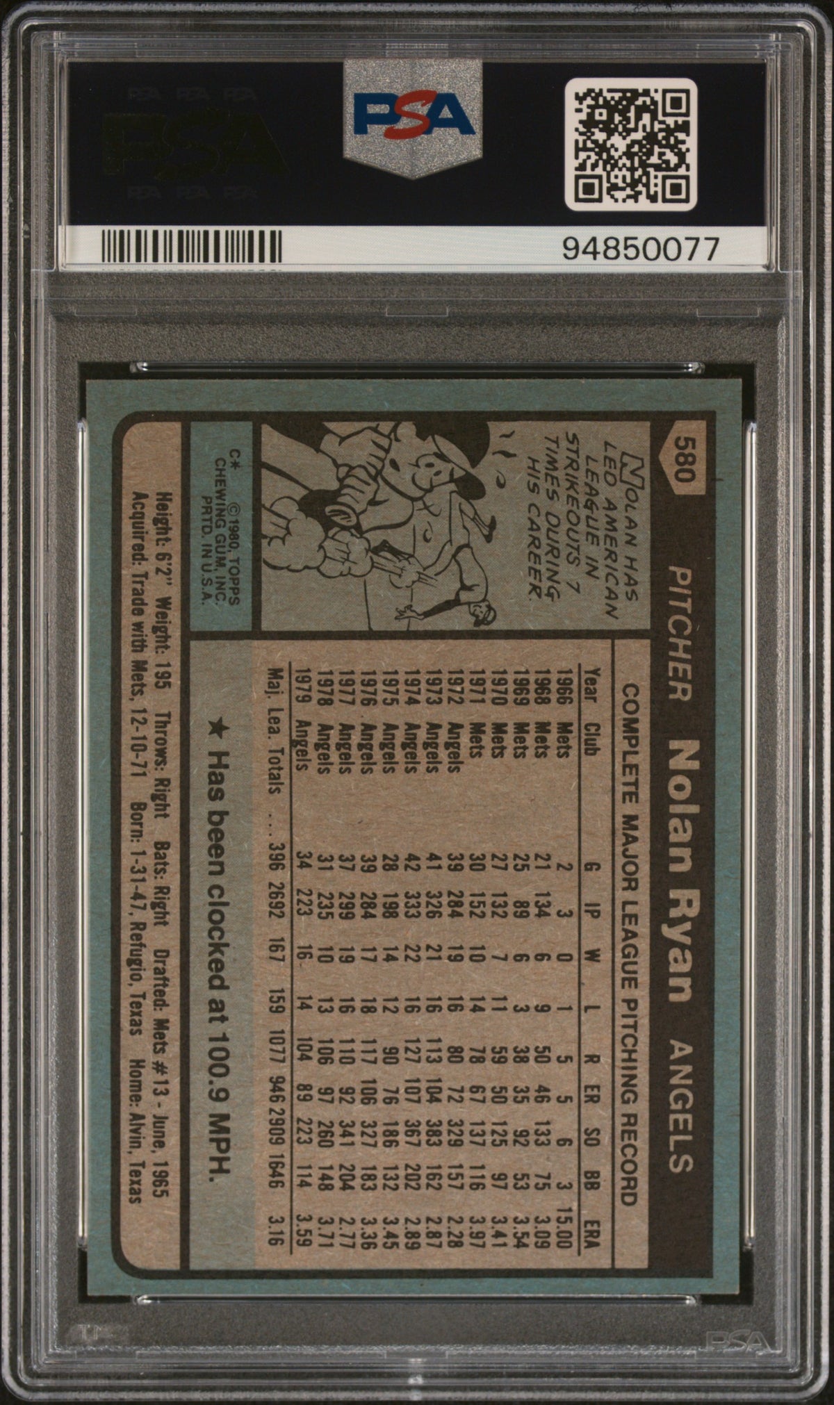 1980 Topps Nolan Ryan #580 PSA 8
