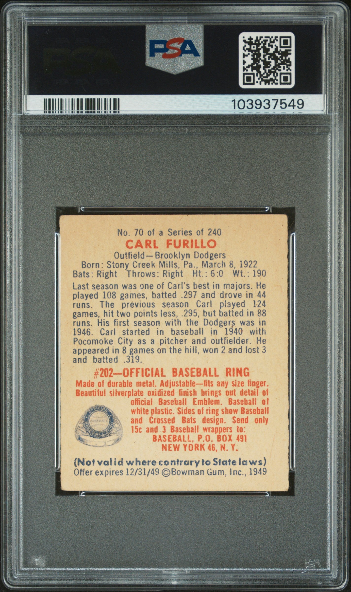 1949 Bowman Carl Furillo #70 PSA 4