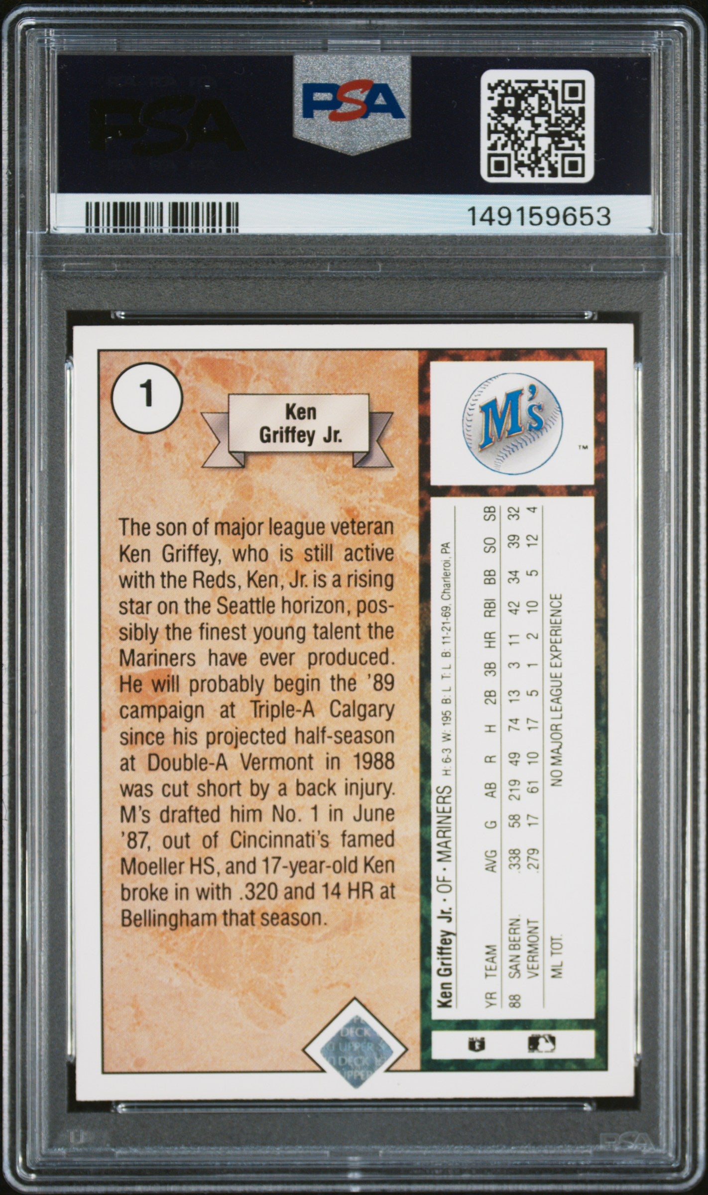1989 Upper Deck Ken Griffey JR. #1 Star Rookie PSA A Auto 10