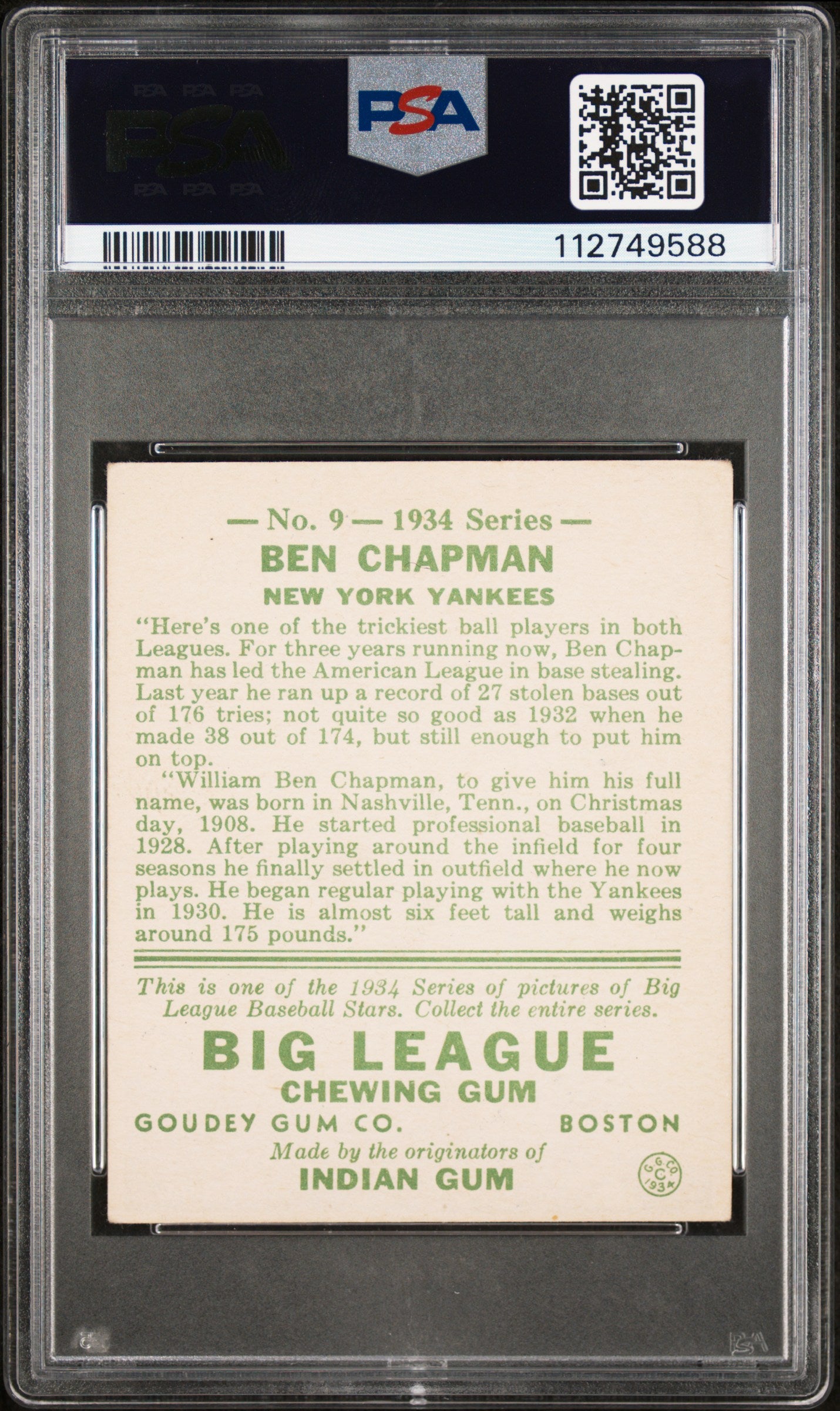 1934 Goudey Ben Chapman #9 PSA 3.5
