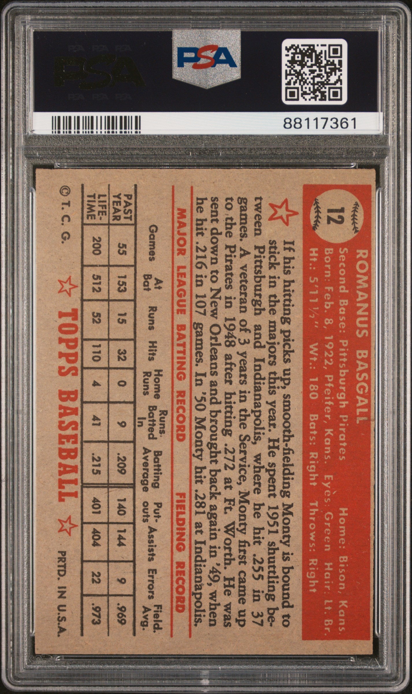 1952 Topps Monty Basgall #12 PSA 5