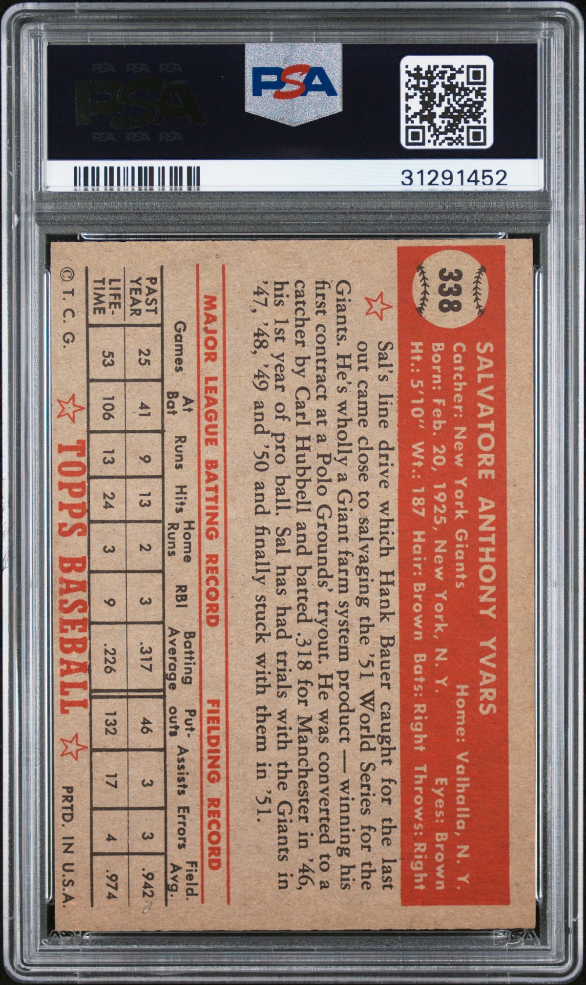 1952 Topps Sal Yvars #338 PSA 7