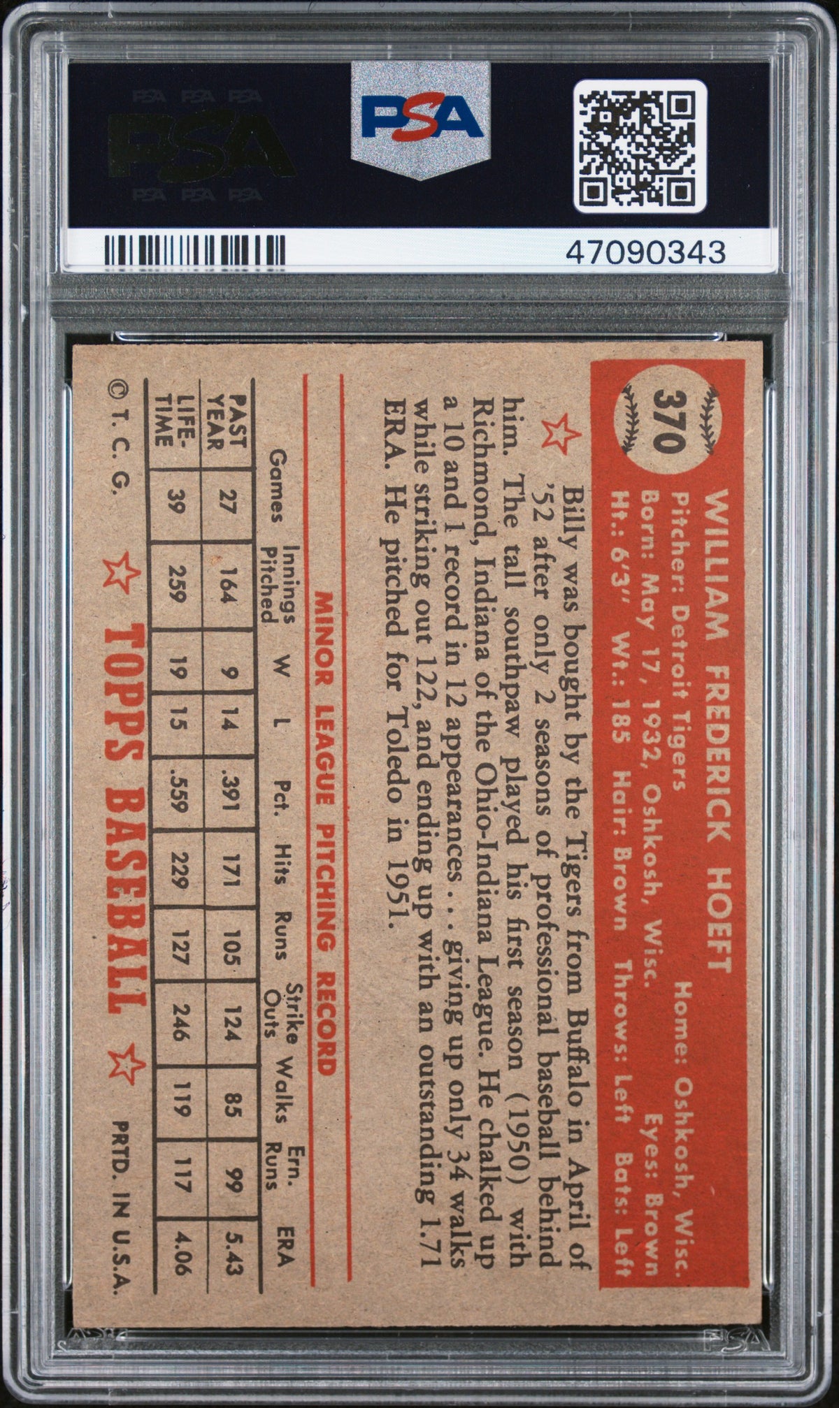 1952 Topps Billy Hoeft #370 PSA 7