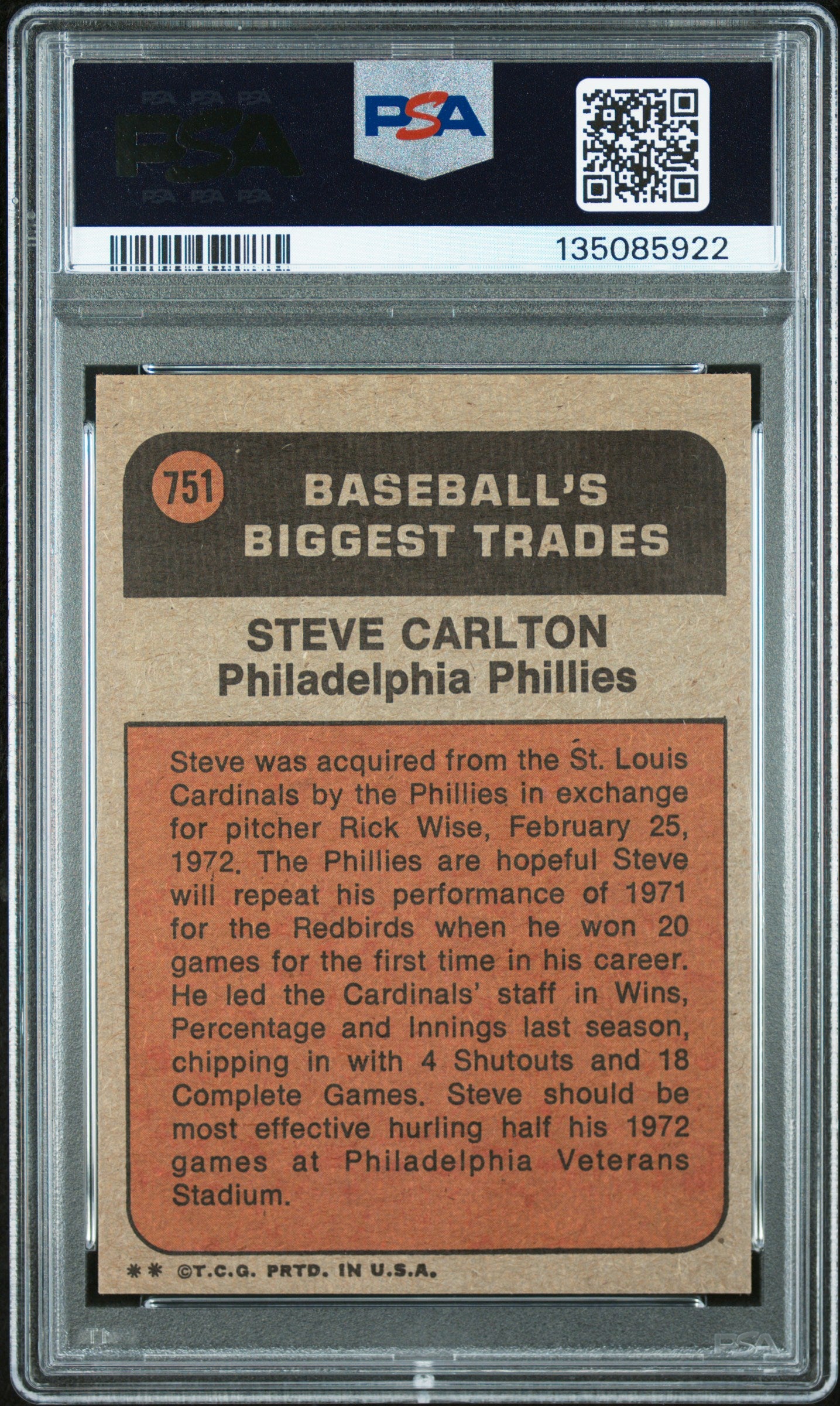 1972 Topps Steve Carlton #751 Traded PSA 8.5