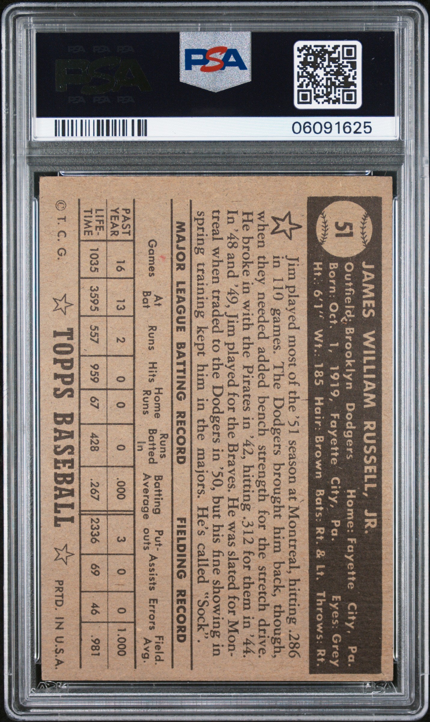 1952 Topps Jim Russell #51 Black Back PSA 7