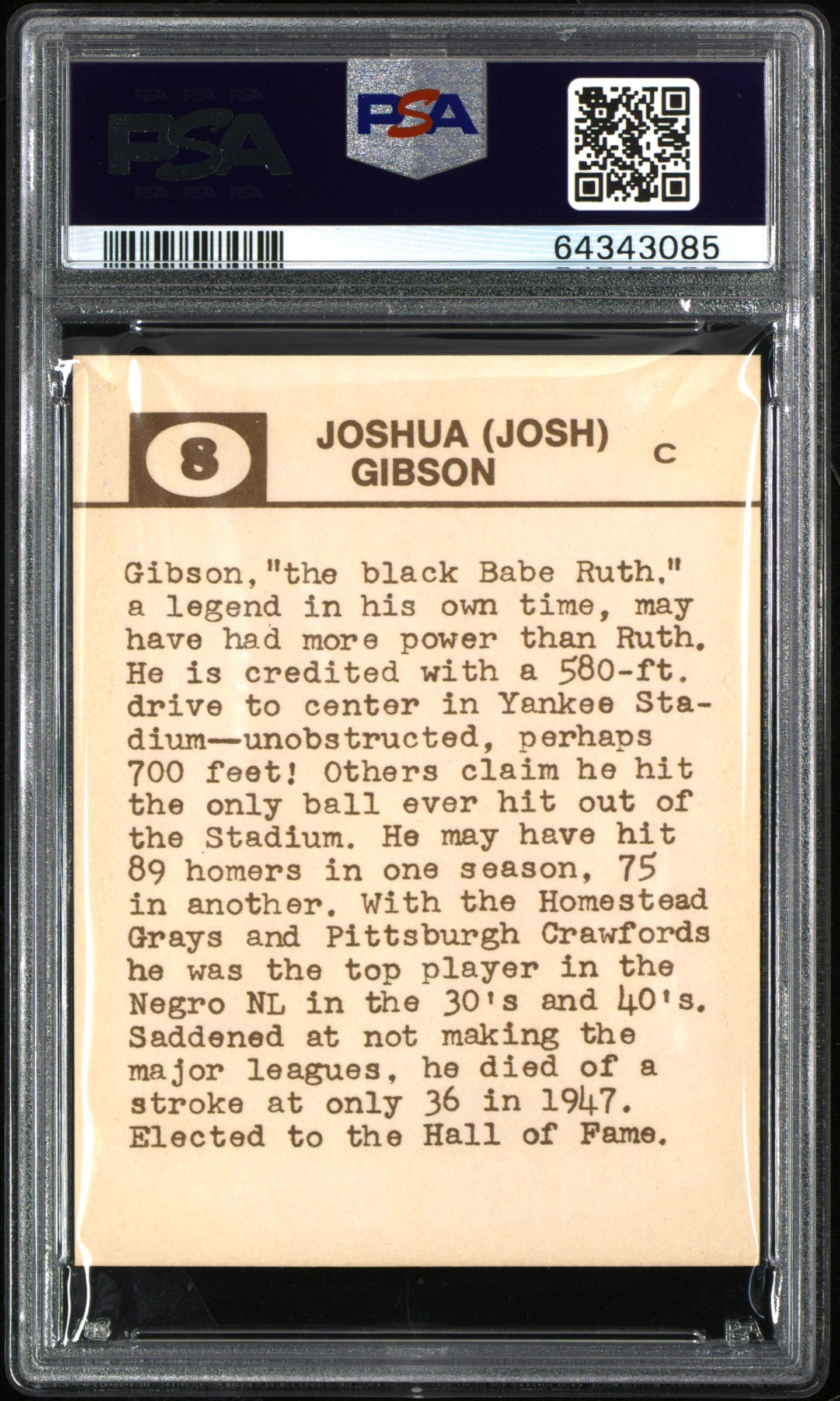 1974 Laughlin Old-Time Black Stars Josh Gibson #8 PSA 6