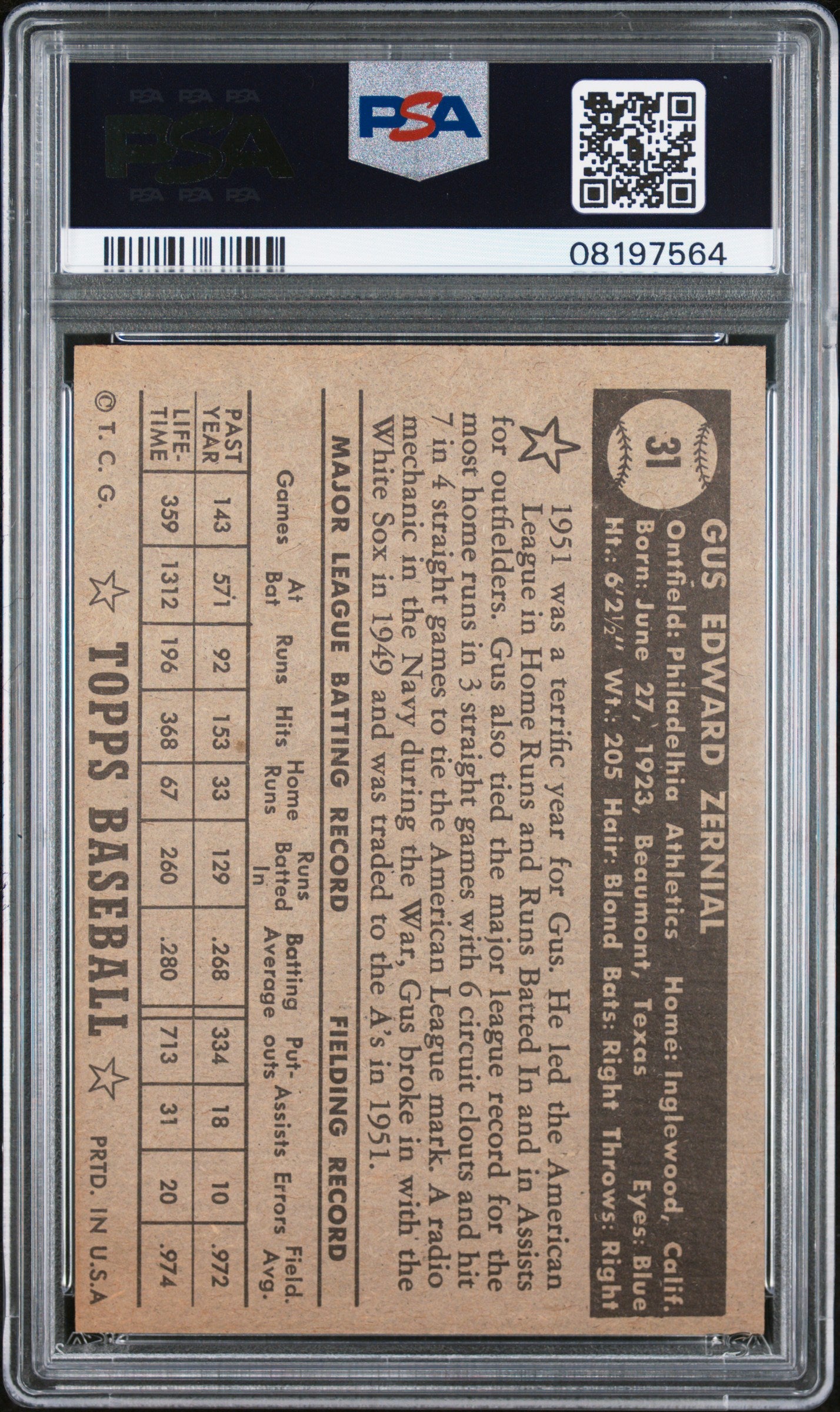 1952 Topps Gus Zernial #31 Black Back PSA 7