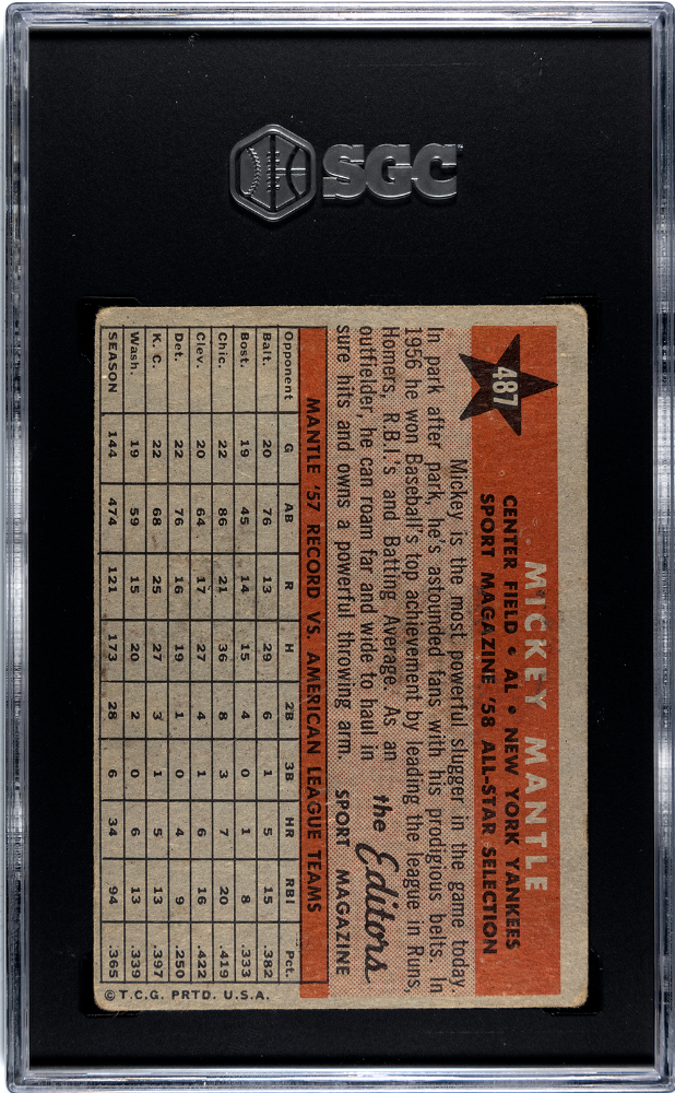 1958 Topps Mickey Mantle #487 All Star SGC 3