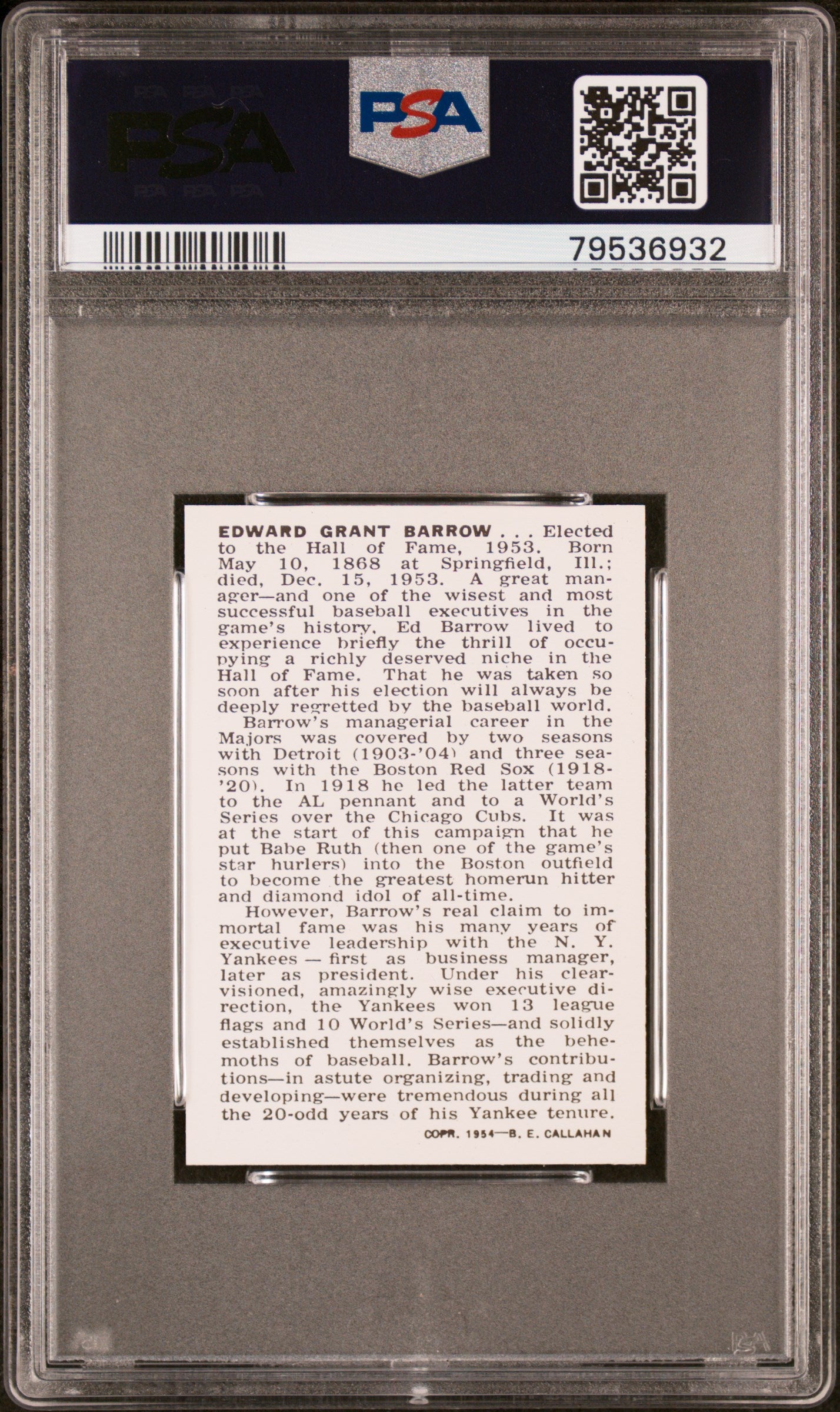 1950 Callahan Hall Of Fame Edward G. Barrow PSA 9