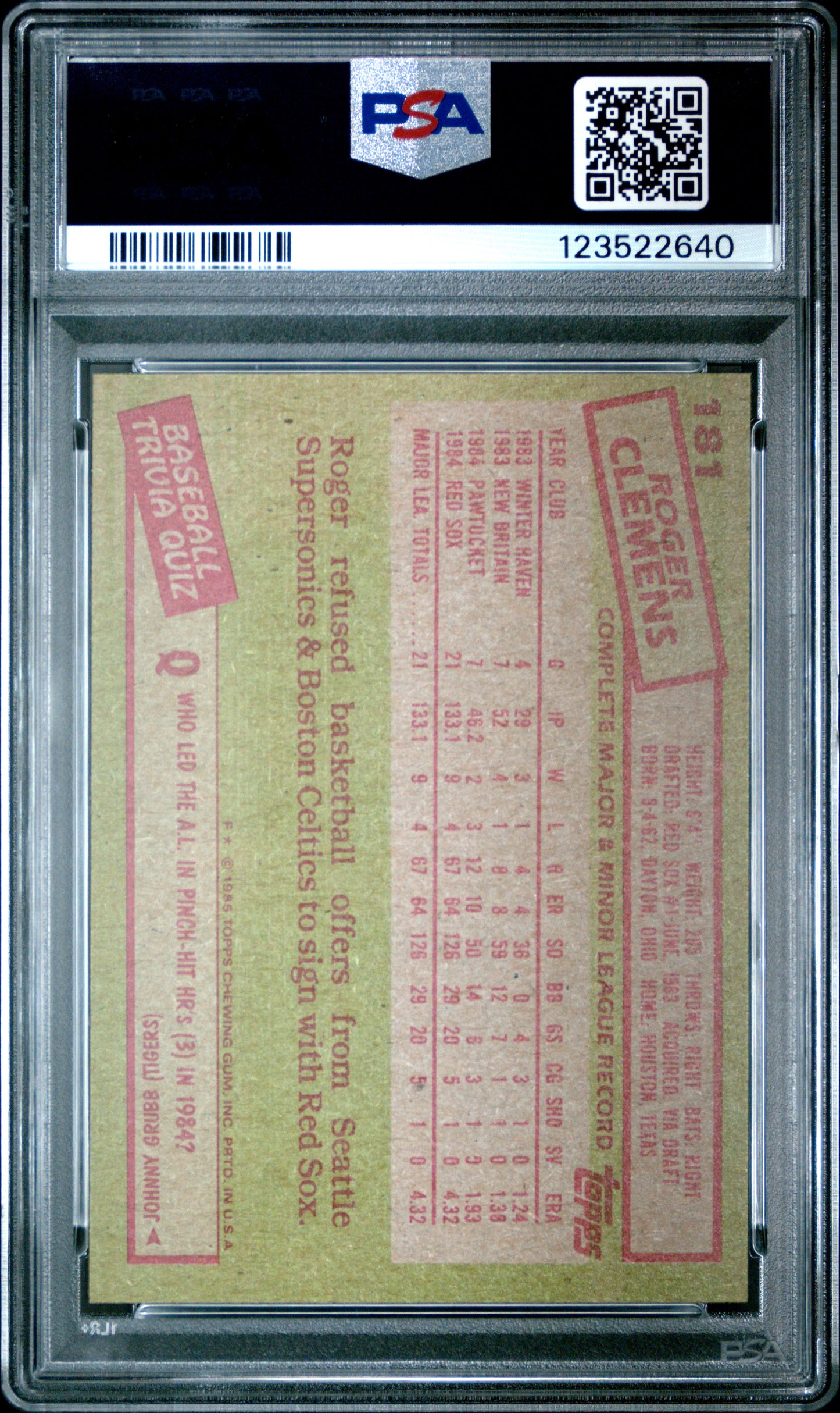 1985 Topps Roger Clemens #181 PSA 9