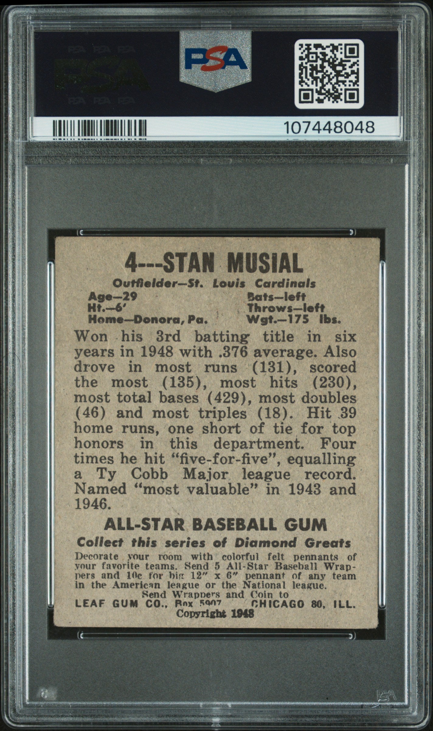 1948 Leaf Stan Musial #4 PSA 3