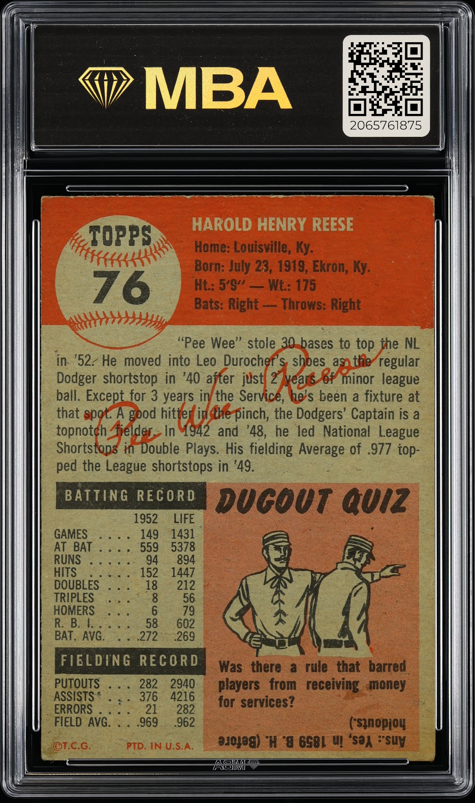 1953 Topps Pee Wee Reese #76 MBA 3