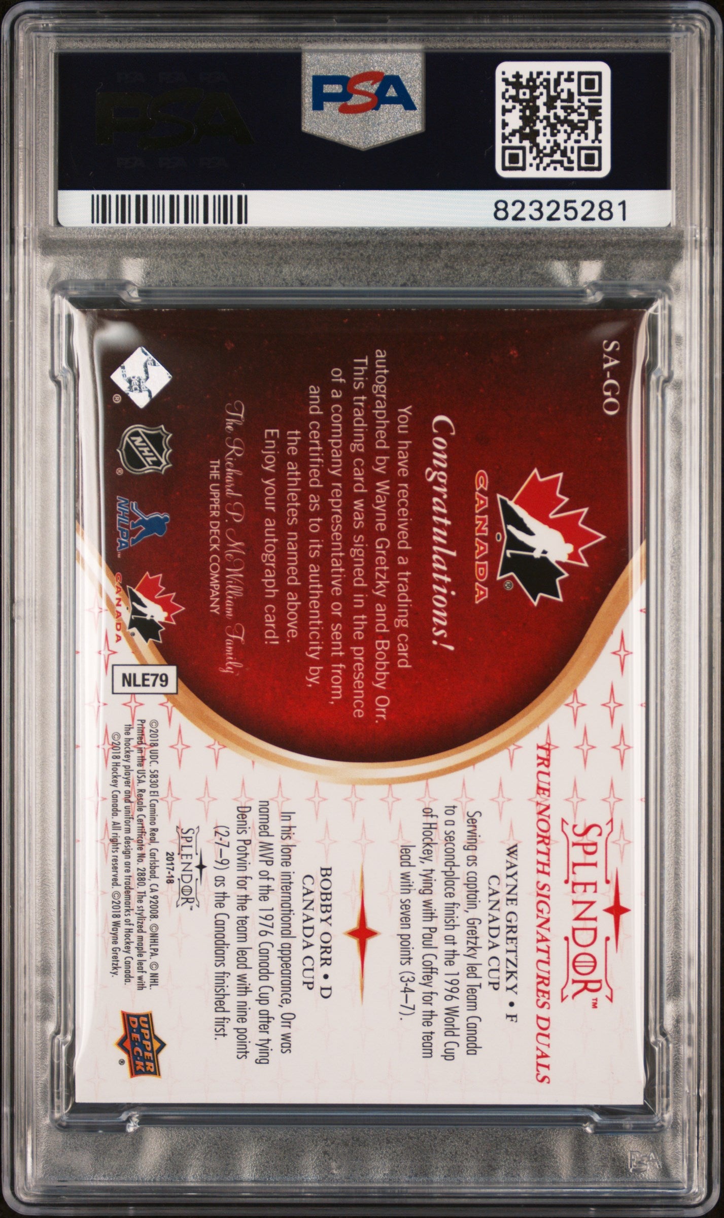 2017 Upper Deck Splendor Splendid Signatures Duals B. Orr W. Gretzky #SA-GO SIG. PSA 8