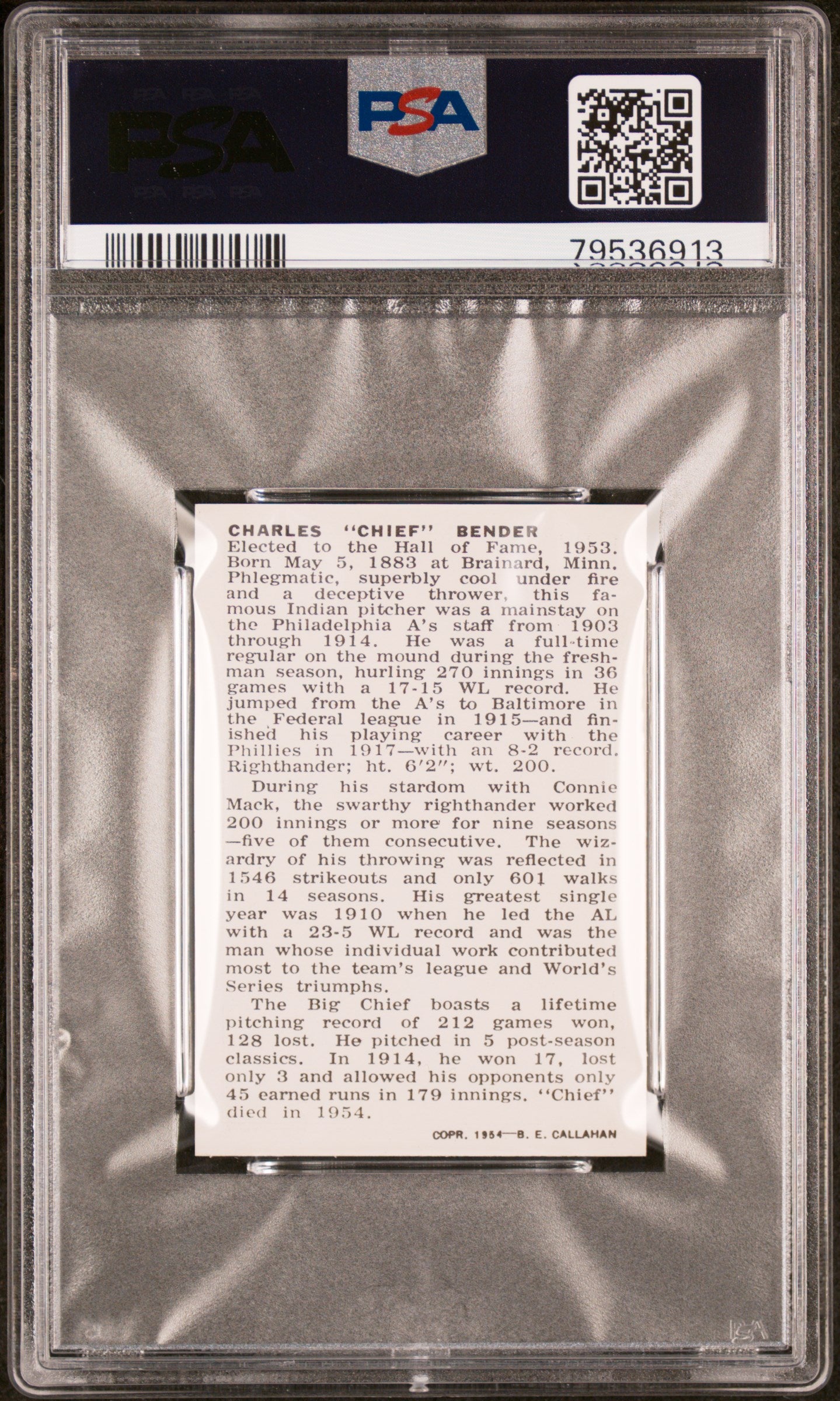 1950 Callahan Hall Of Fame Chas. Chief Bender Bio Ends.. . Died In 1954 PSA 9