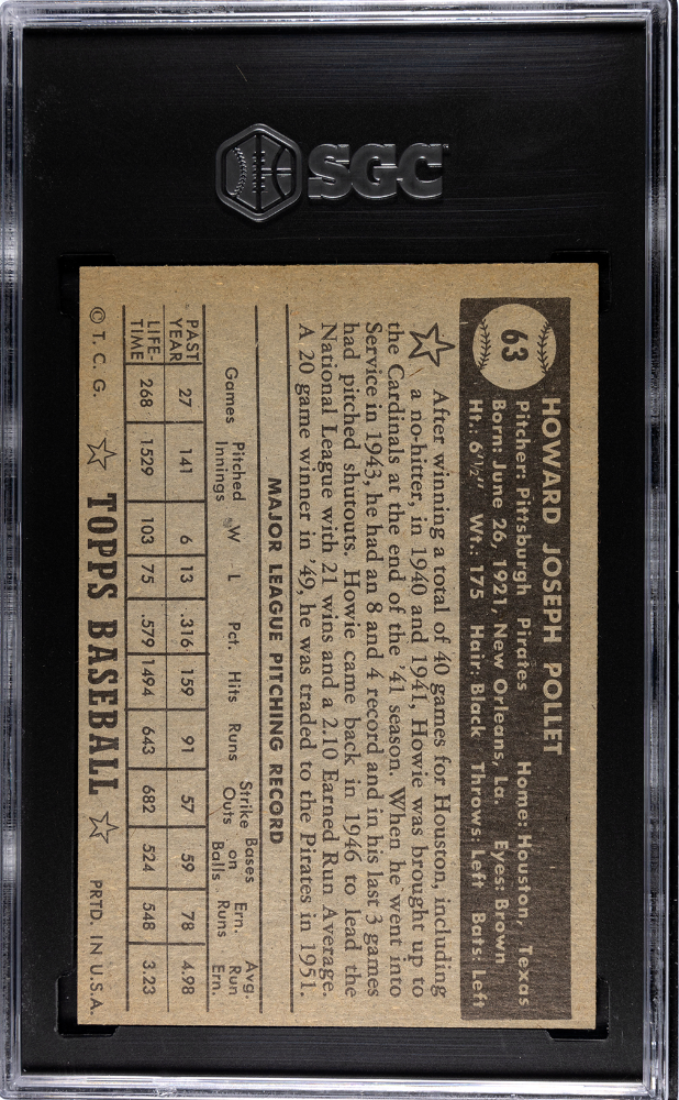 1952 Topps Howie Pollet #63 Black Back SGC 6.5