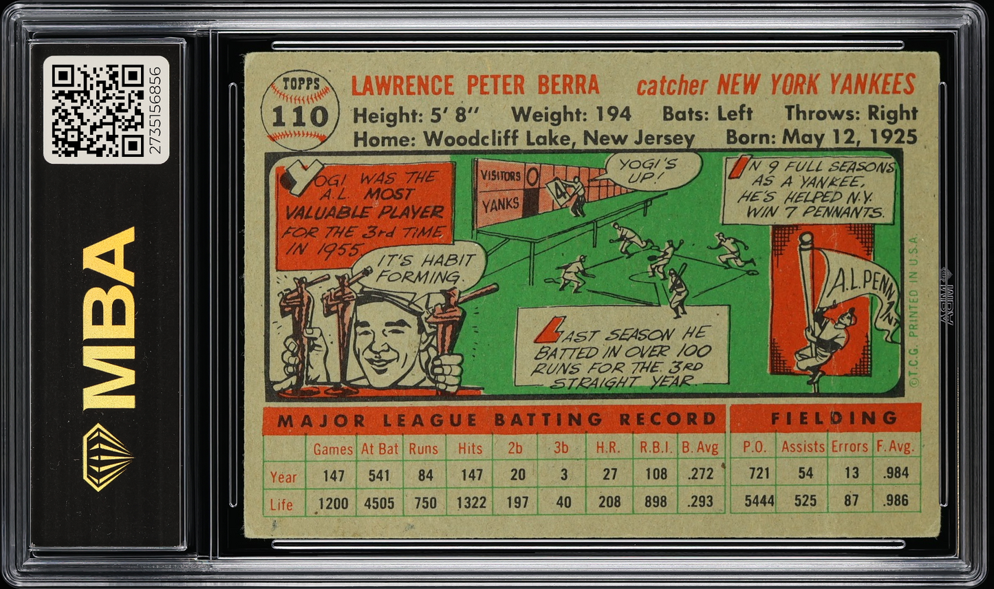 1956 Topps Yogi Berra #110 Gray Back MBA 2