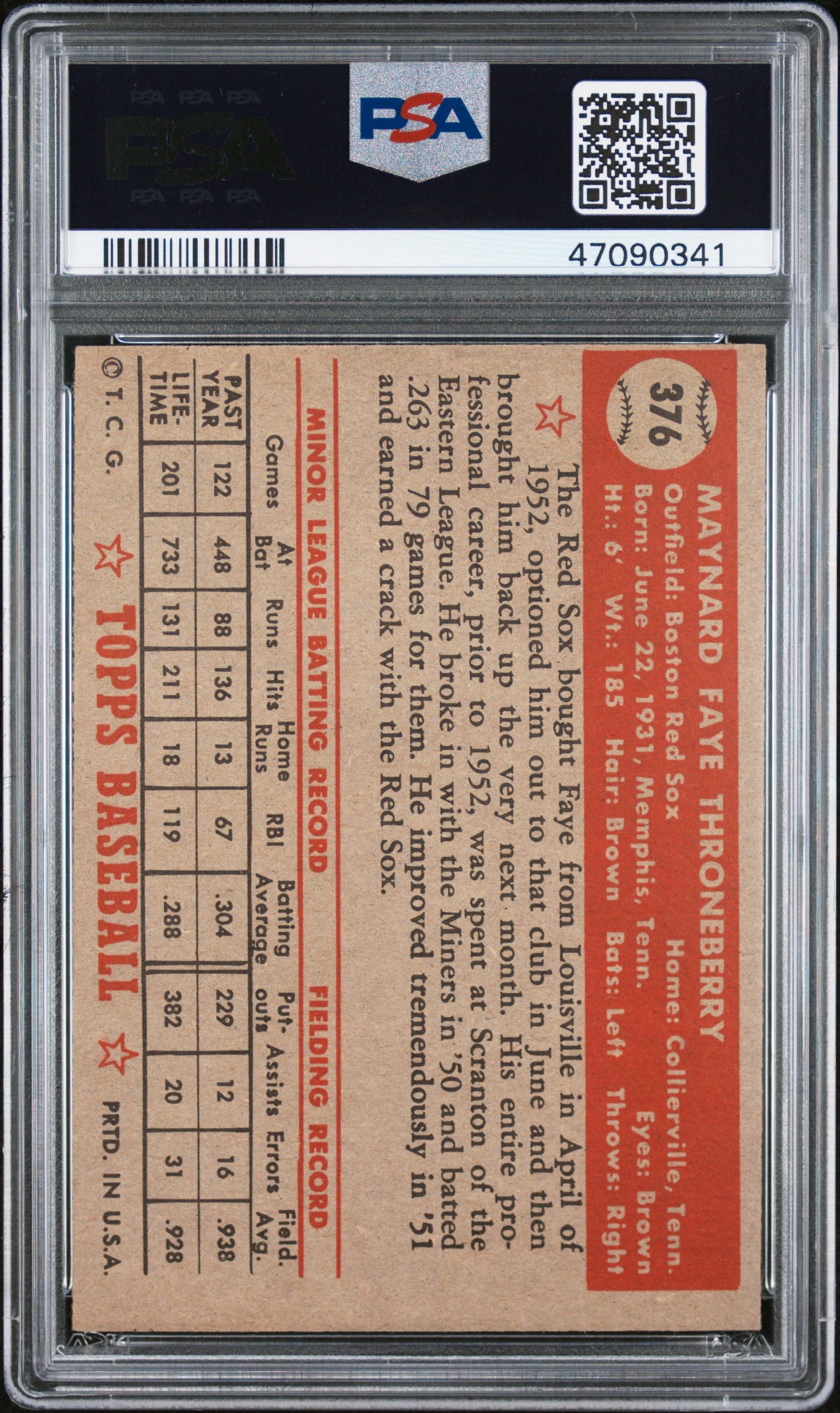 1952 Topps Faye Throneberry #376 PSA 7