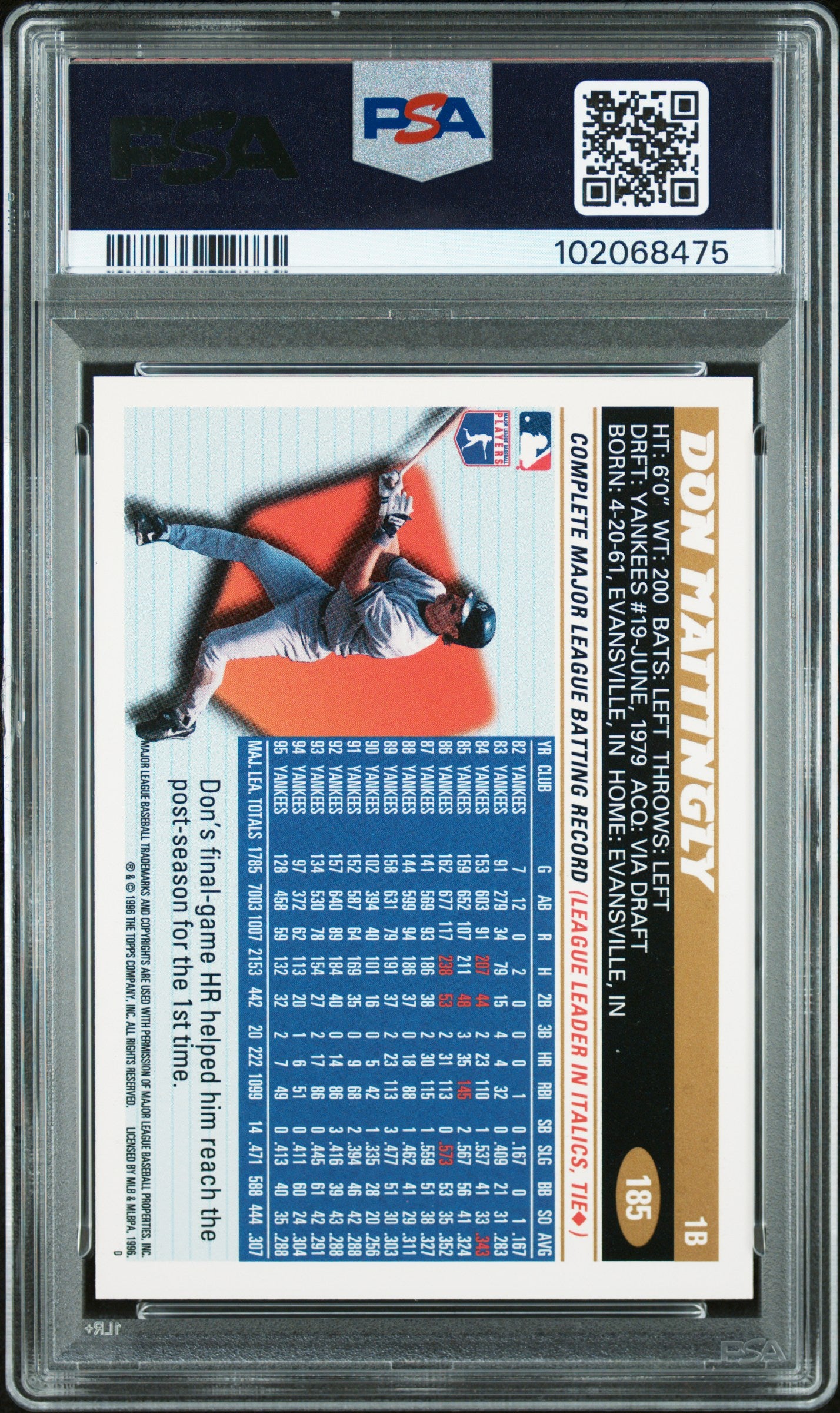 1996 Topps Don Mattingly #185 PSA 10