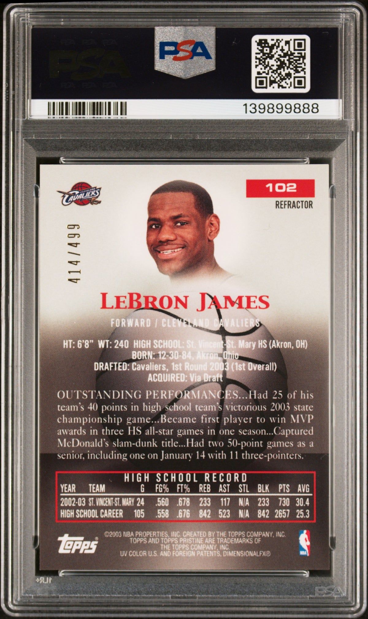 2003 Topps Pristine LeBron James #102 Refractor PSA 9