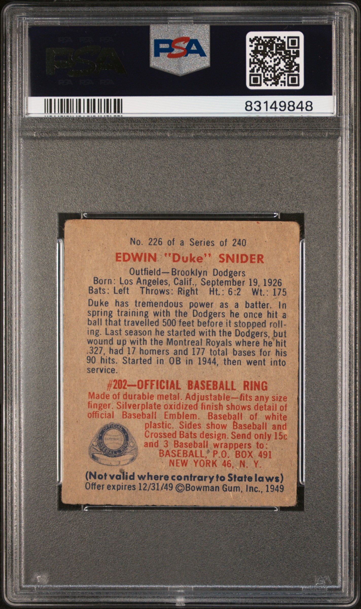 1949 Bowman Edwin Snider #226 PSA 3