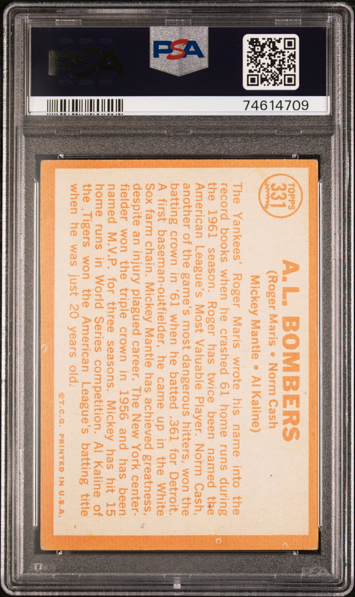 1964 Topps A. L. Bombers #331 Maris Cash Mantle Kaline PSA 3.5