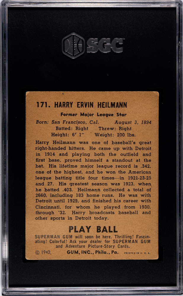 1940 Playball Harry Heilmann #171 SGC 4