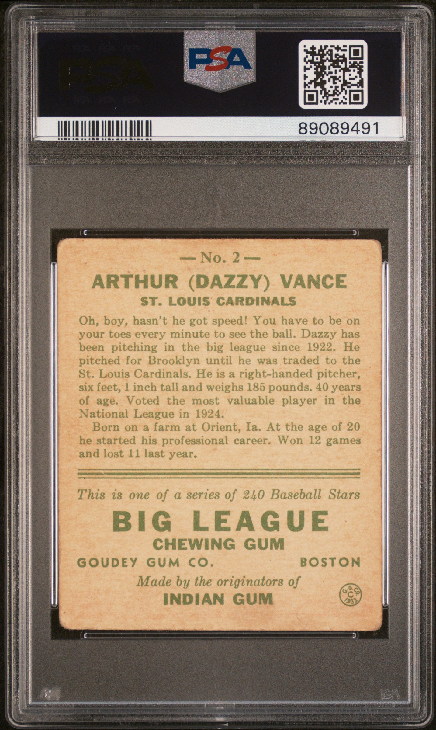 1933 Goudey Dazzy Vance #2 PSA 1.5