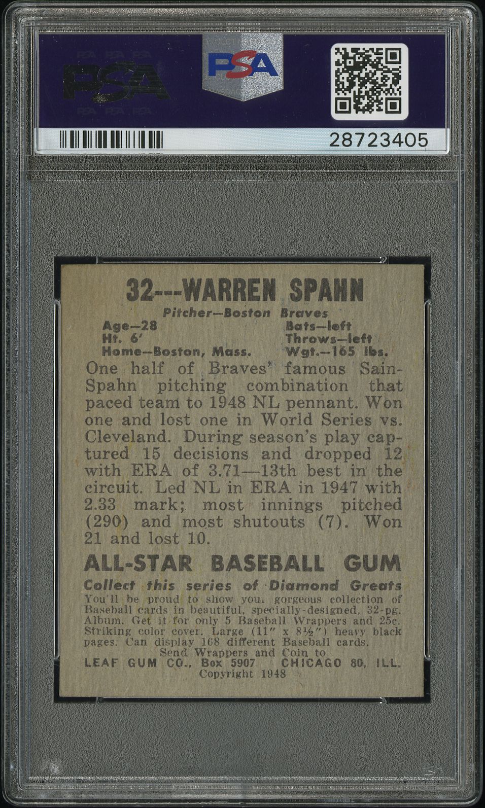 1948 Leaf Warren Spahn #32 PSA 7.5