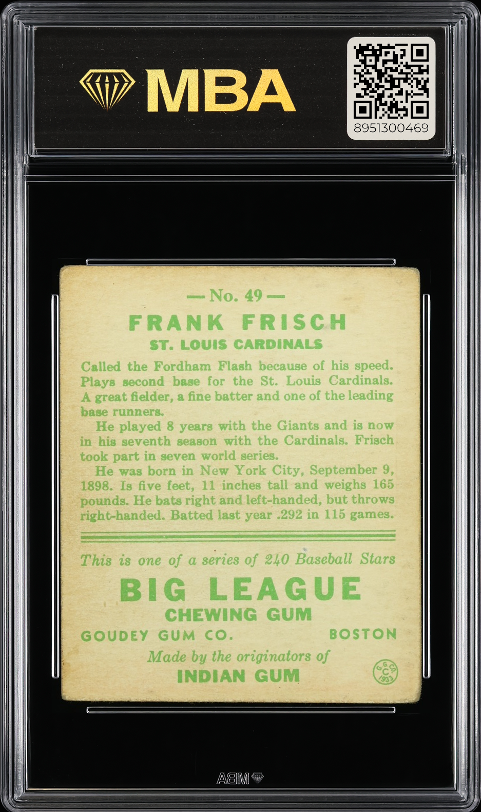 1933 Goudey Frank Frisch #49 MBA 3