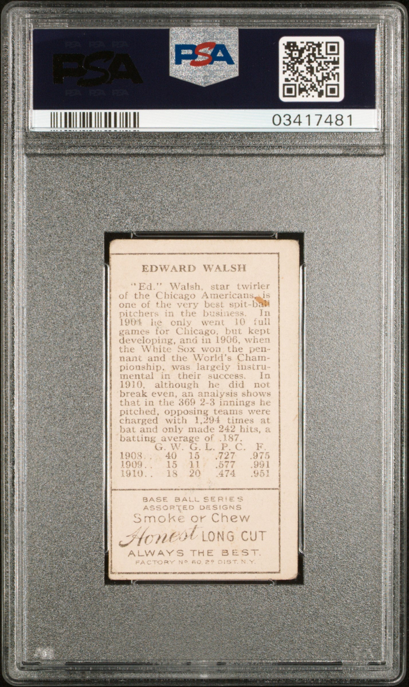 1911 T205 Gold Border Ed Walsh PSA 4