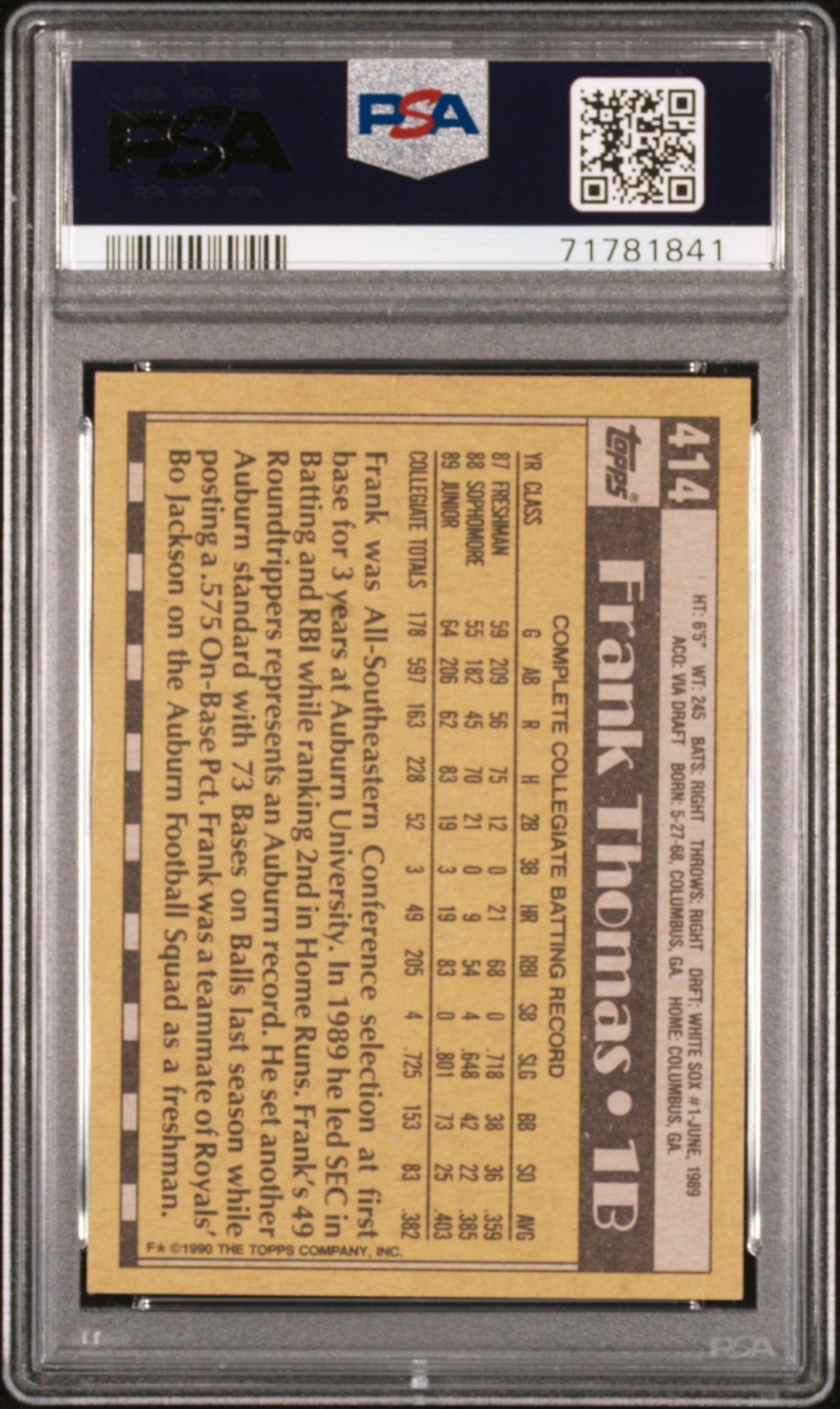 1990 Topps Frank Thomas #414 No Name On Front PSA 5