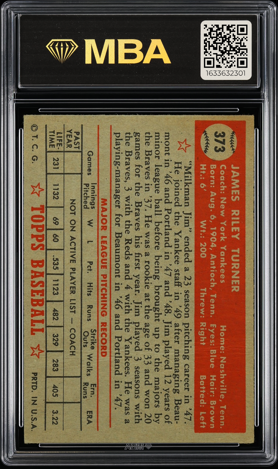 1952 Topps Jim Turner #373 MBA 1.5