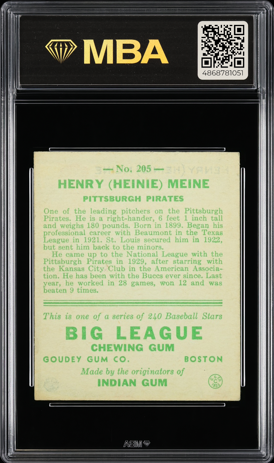 1933 Goudey Henry (Heinie) Meine #205 MBA 3