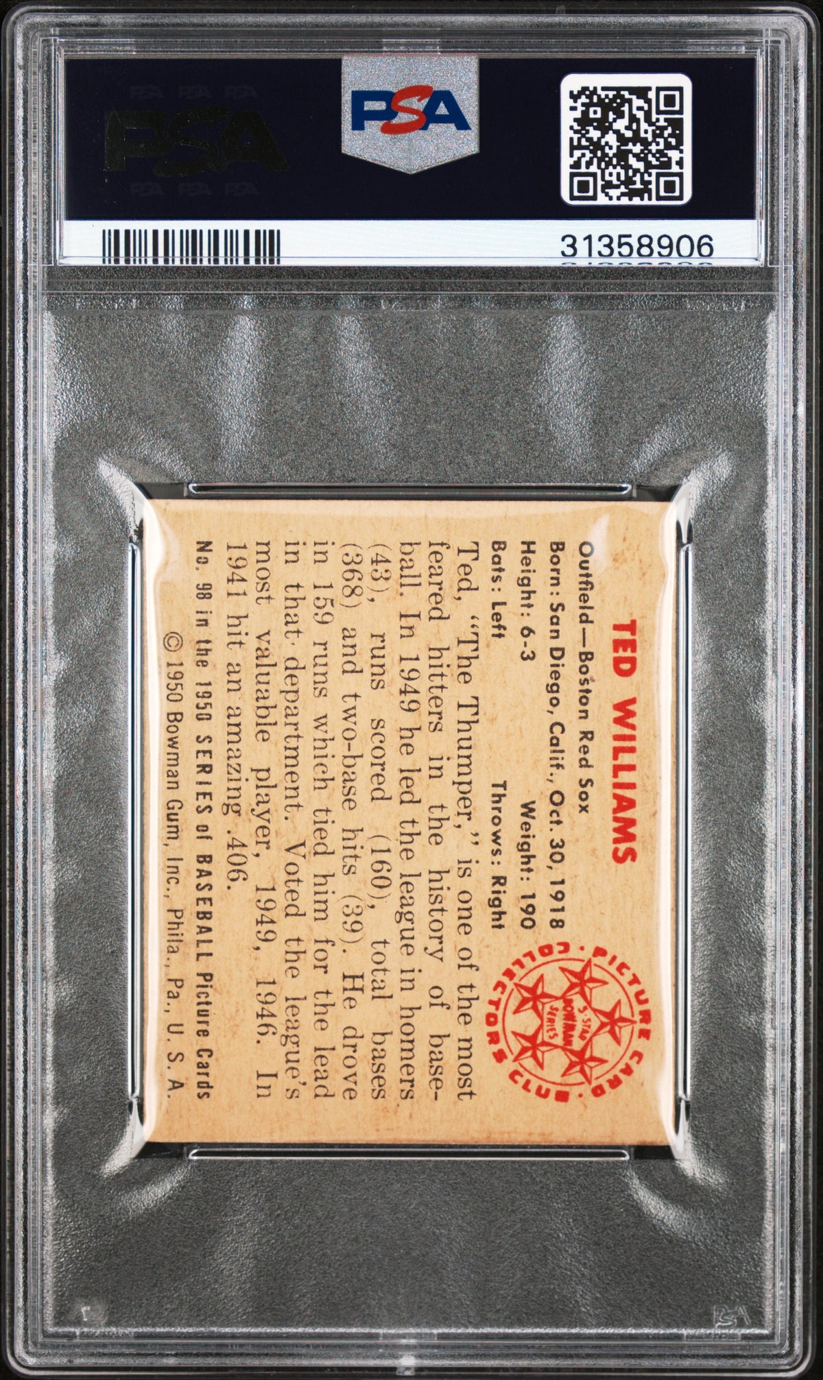 1950 Bowman Ted Williams #98 PSA 6
