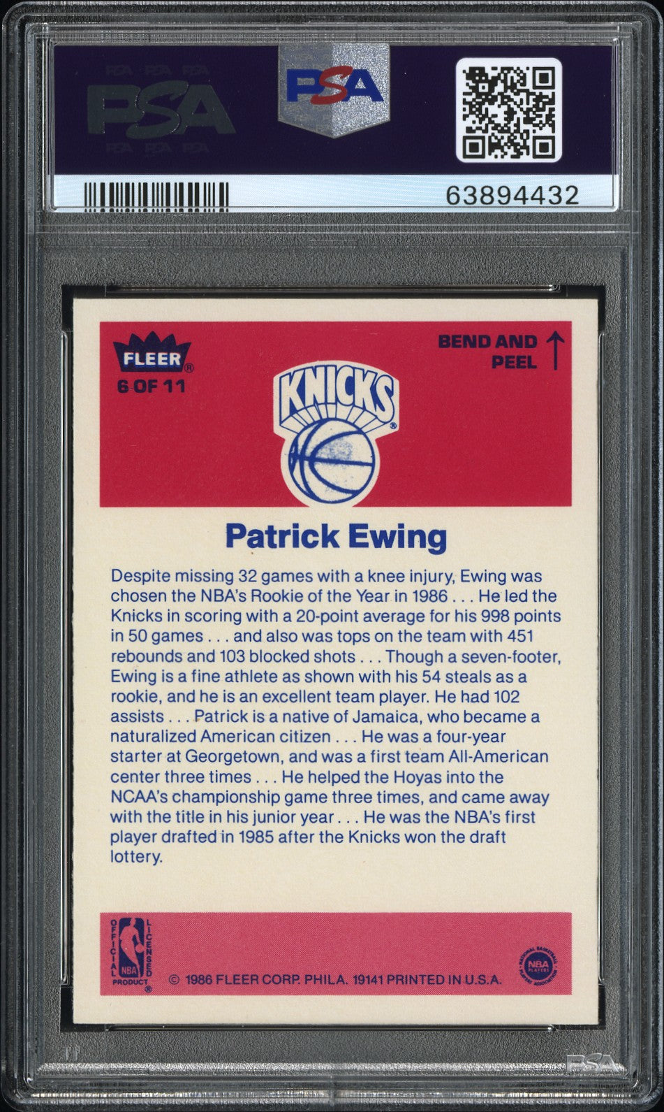 1986 Fleer Sticker Patrick Ewing #6 PSA 9