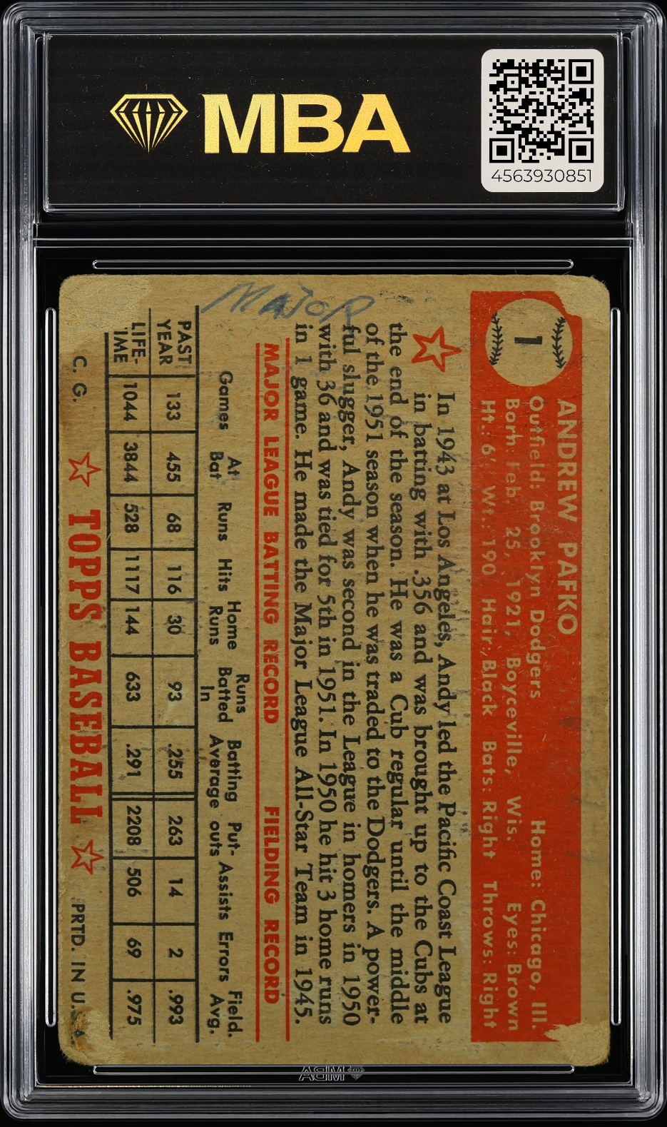 1952 Topps Andy Pafko #1 Red Back MBA 1