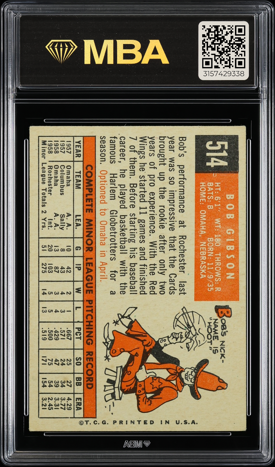 1959 Topps Bob Gibson #514 MBA 3 RC