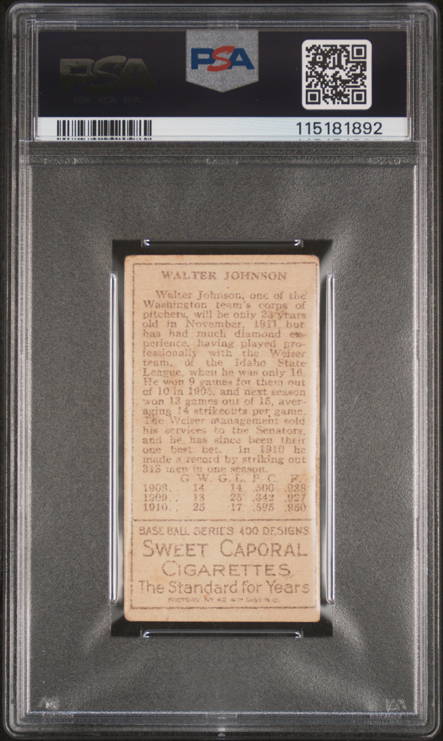 1911 T205 Gold Border Walter Johnson PSA 1.5