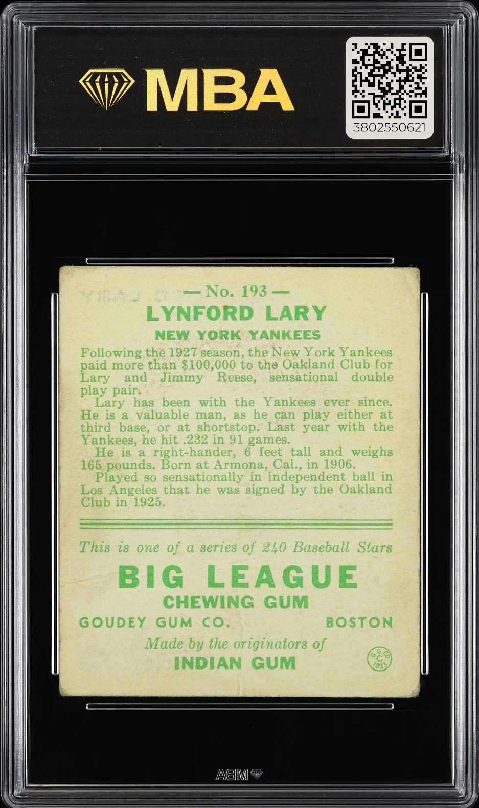 1933 Goudey Lynford Lary #193 MBA 2