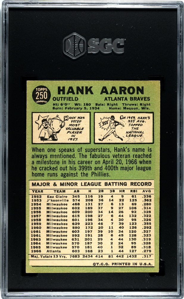 1967 Topps Hank Aaron #250 SGC 2.5