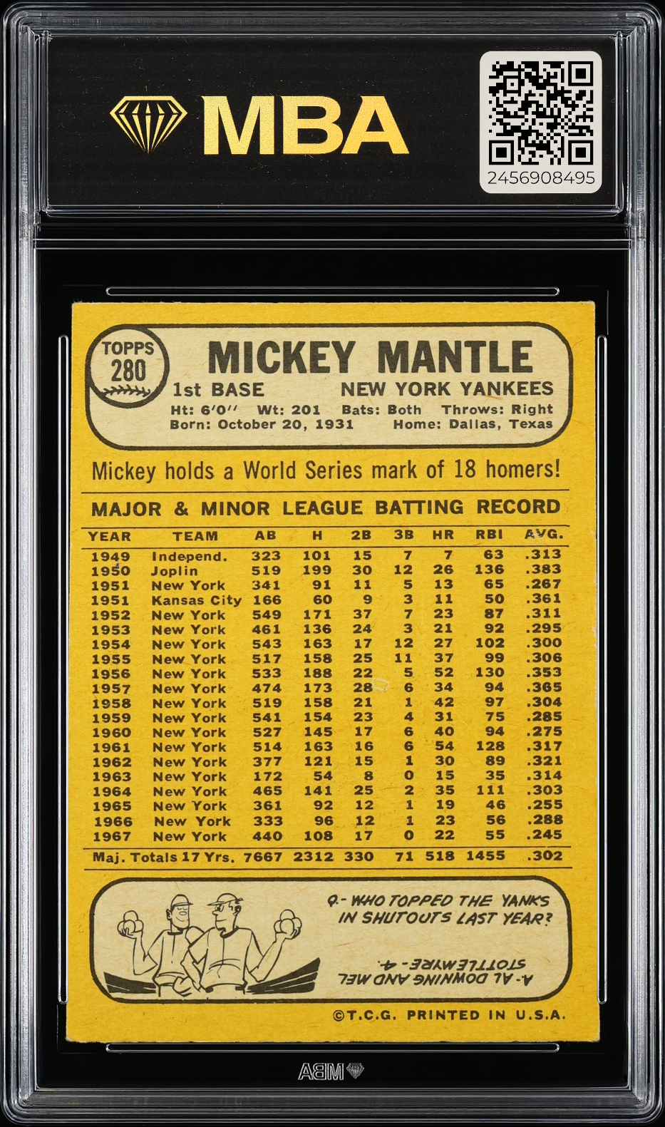 1968 Topps Mickey Mantle #280 MBA 3