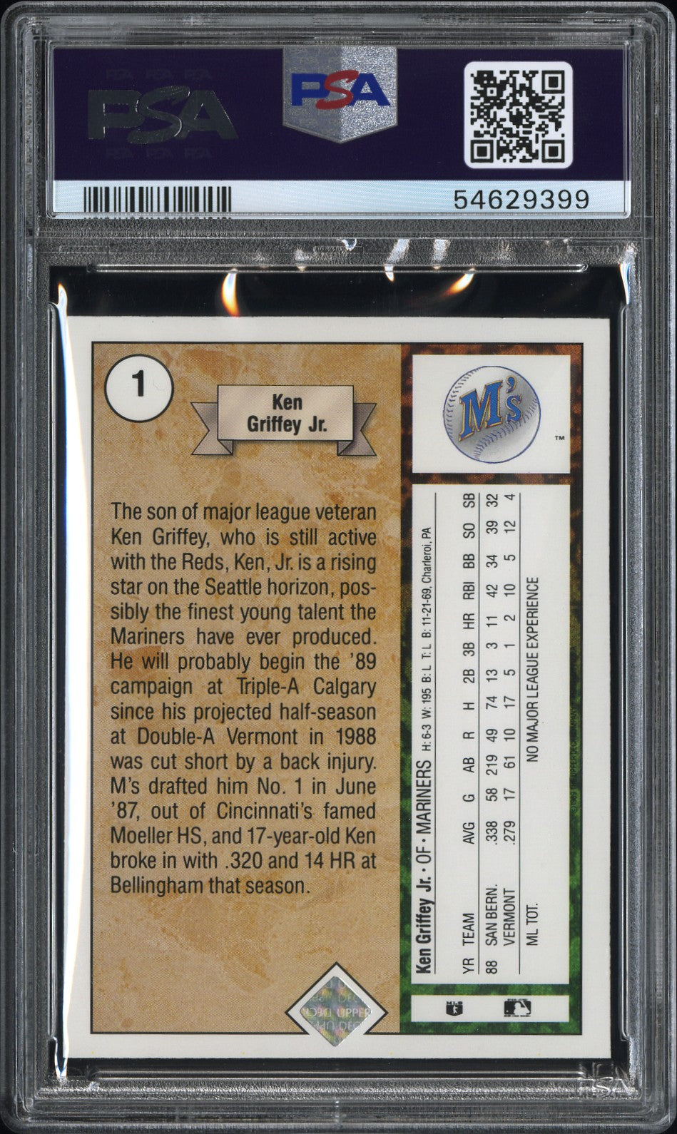 1989 Upper Deck Ken Griffey JR. #1 Star Rookie PSA 10 Auto 10