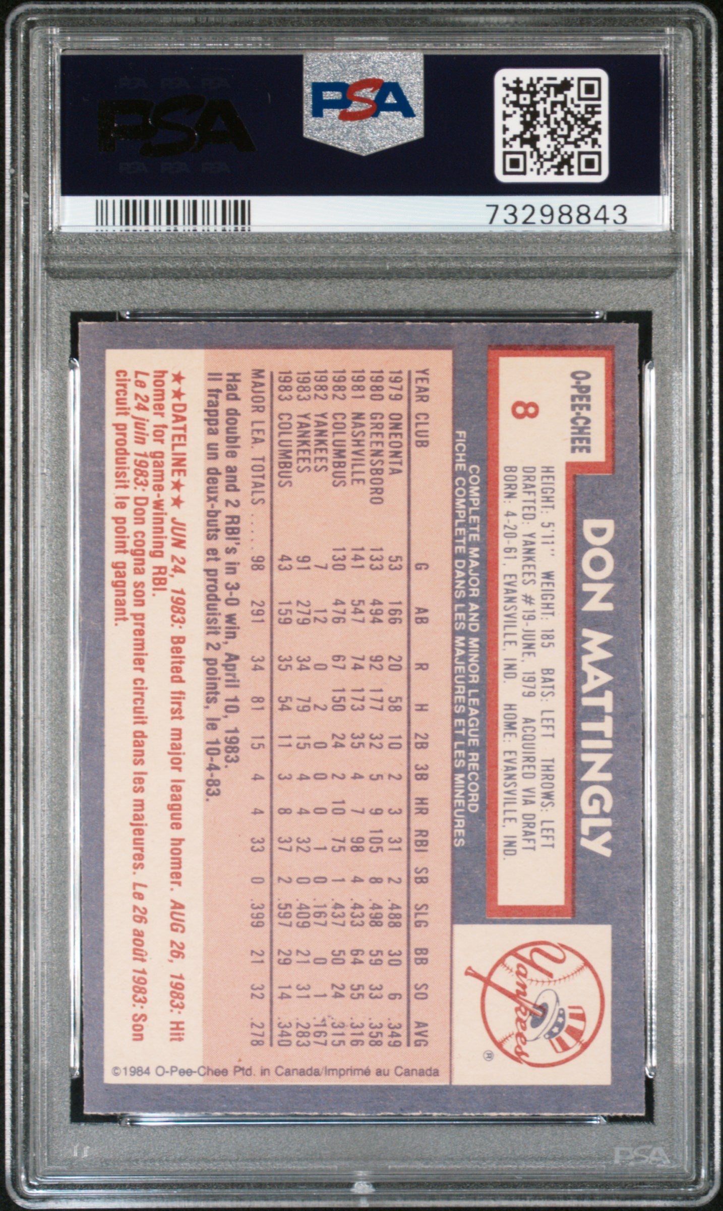 1984 O-Pee-Chee Don Mattingly #8 PSA 9