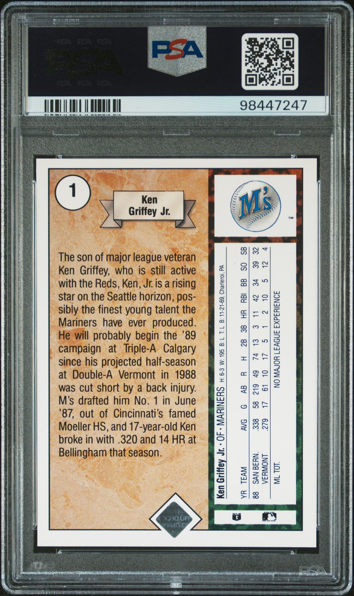 1989 Upper Deck Ken Griffey JR. #1 Star Rookie PSA 9 Auto 10