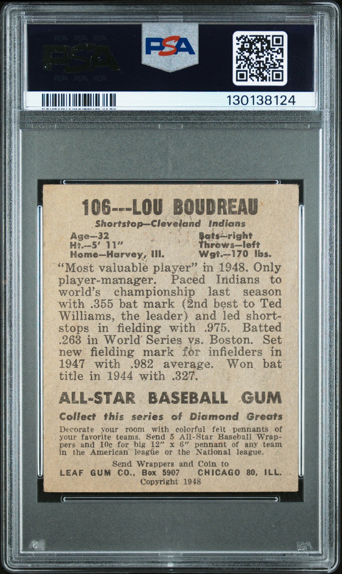 1948 Leaf Lou Boudreau #106 PSA 2